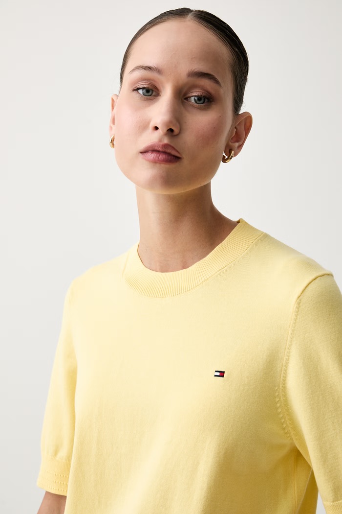 Tommy Hilfiger T-shirt swetrowy damski z bawełną żółty WW0WW49705