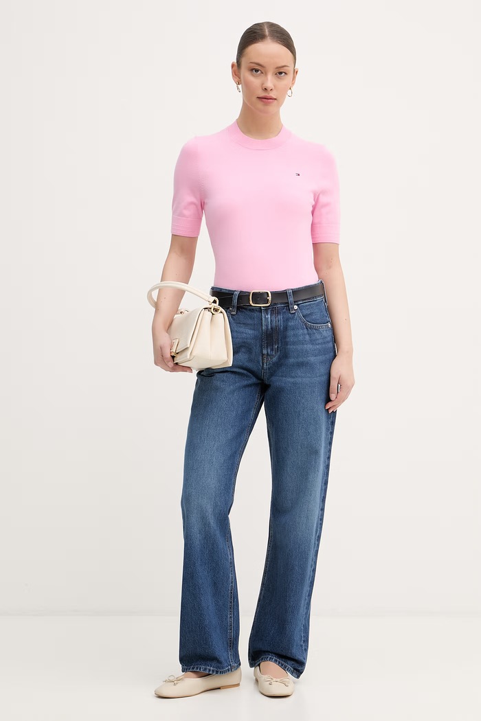 Tommy Hilfiger πλεκτό t-shirt γυναικείο με βαμβάκι WW0WW49705 ροζ SS26