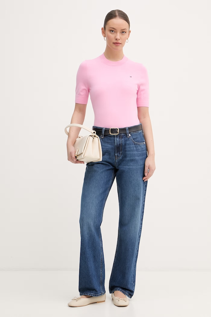 Tommy Hilfiger πλεκτό t-shirt γυναικείο με βαμβάκι WW0WW49705 ροζ SS26