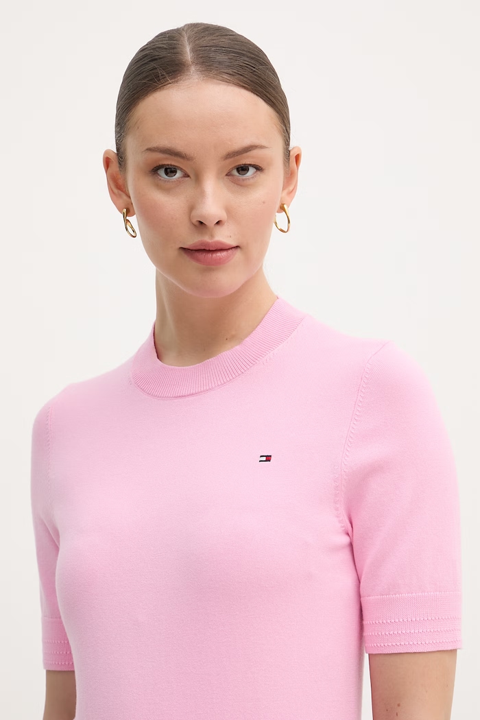Tommy Hilfiger πλεκτό t-shirt γυναικείο με βαμβάκι ροζ WW0WW49705