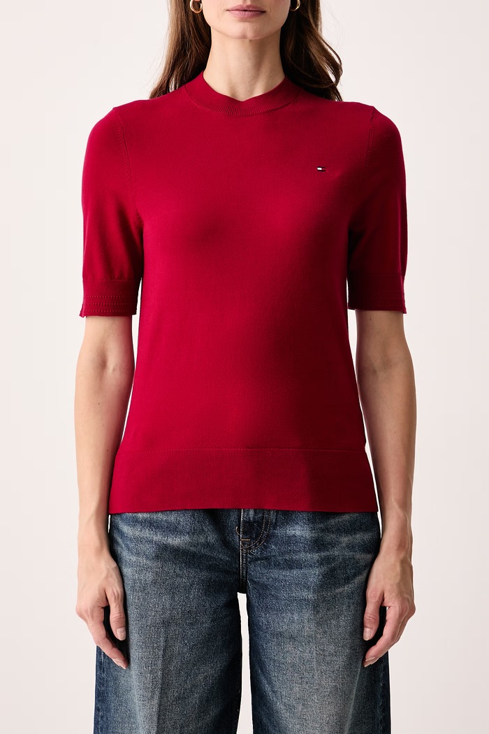 T-shirt swetrowy damski z bawełną Tommy Hilfiger WW0WW49705 czerwony