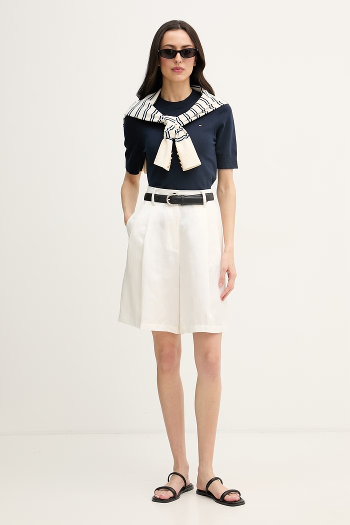 Tommy Hilfiger tricou tricotat pentru femei, cu bumbac WW0WW49705 bleumarin SS26