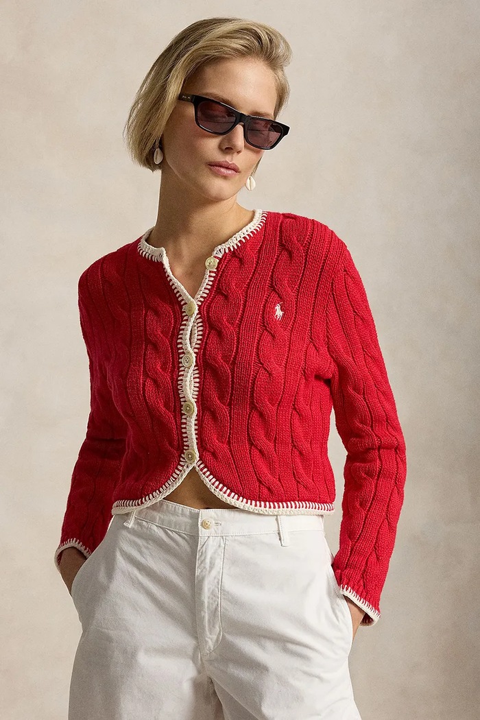 Polo Ralph Lauren kardigan damski bawełniany COTTON-SWEATER-CARDIGAN czerwony 211A12716002