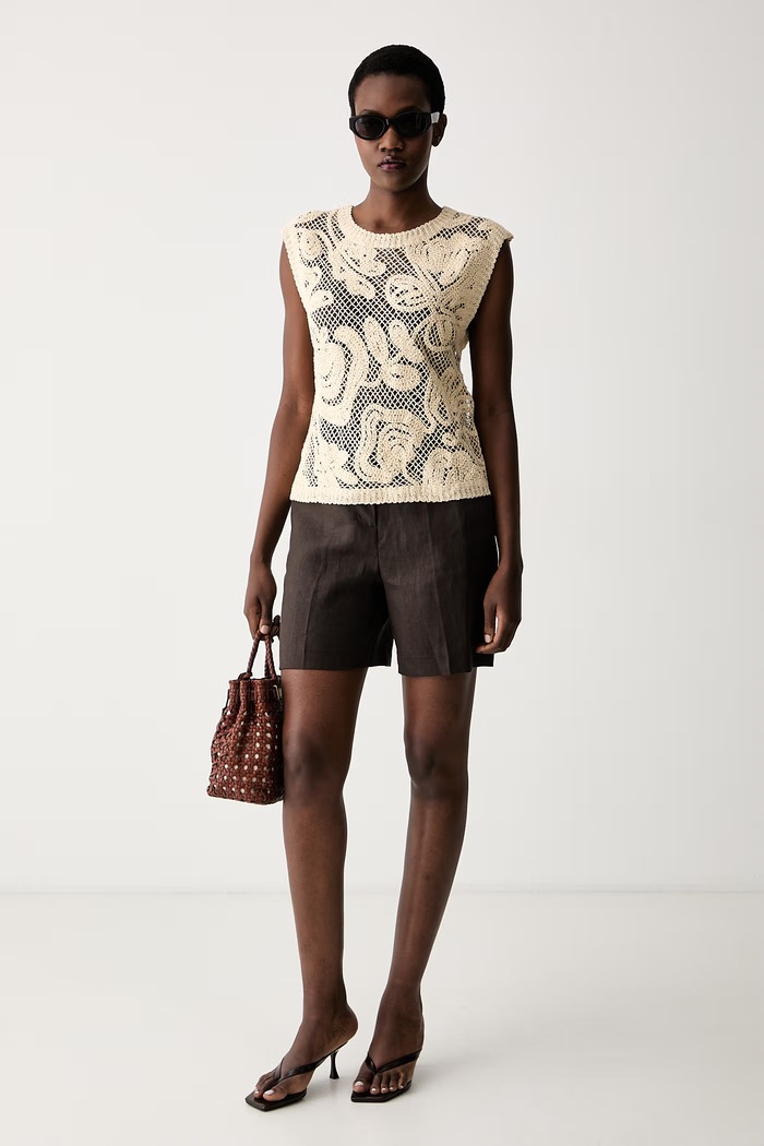 United Colors of Benetton pletena top ženska luknjičasta 1H6GD10H3 bež SS26