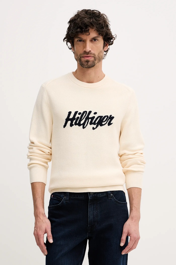Bavlněný svetr Tommy Hilfiger kulatý béžová MW0MW41647