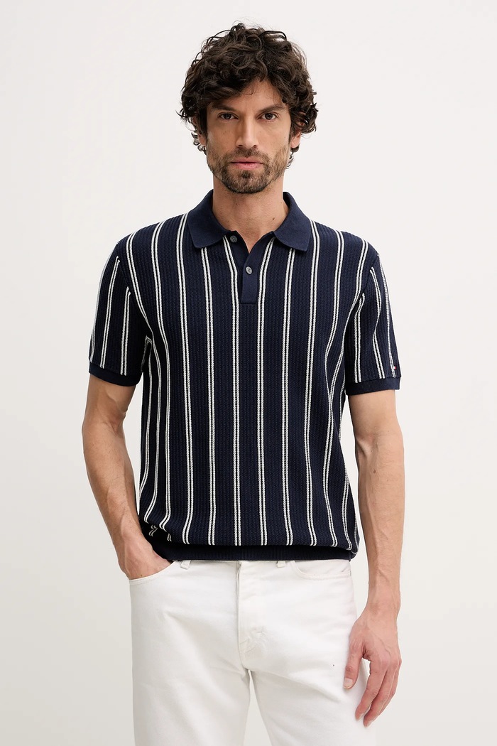 Bavlněné polo tričko Tommy Hilfiger jemný vzor námořnická modř MW0MW41949