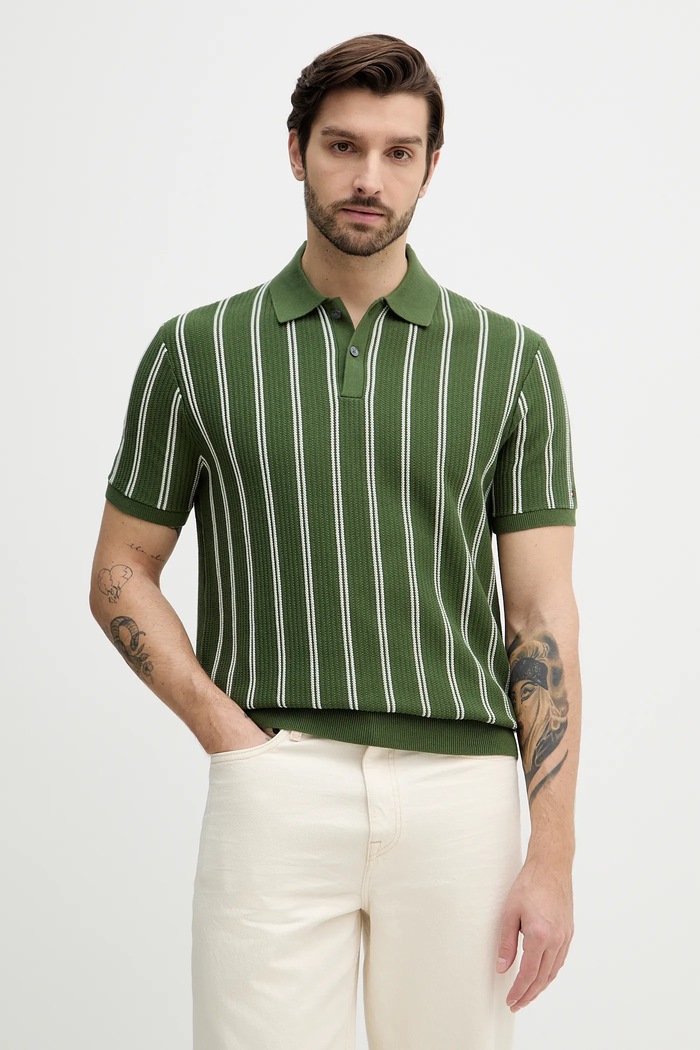 Bavlněné polo tričko Tommy Hilfiger jemný vzor zelená MW0MW41949