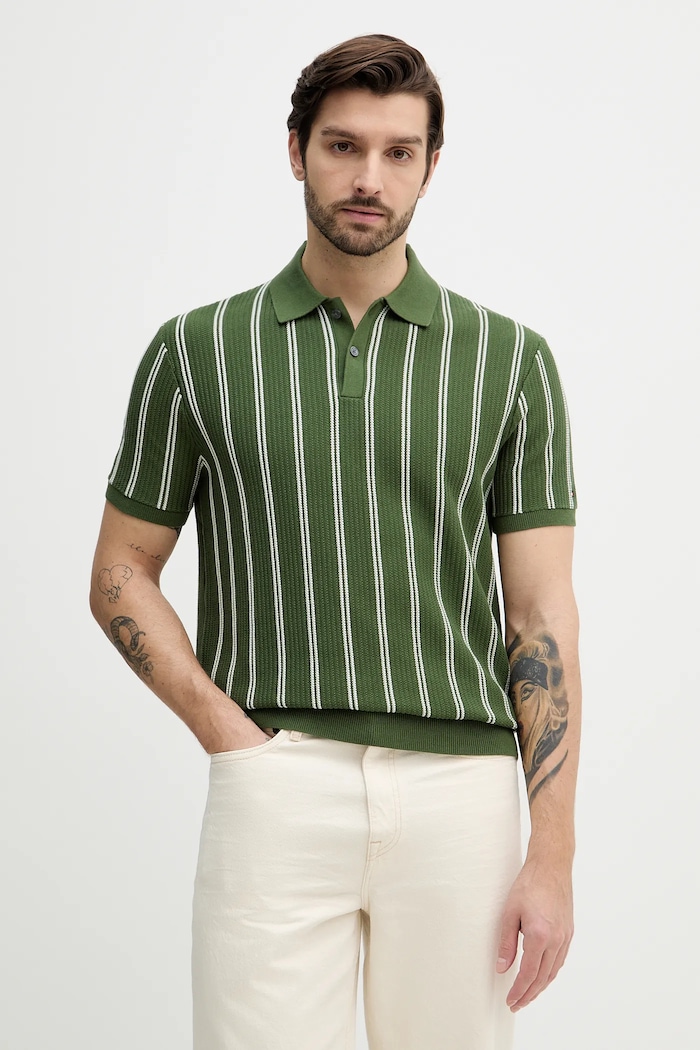Bavlněné polo tričko Tommy Hilfiger jemný vzor zelená MW0MW41949