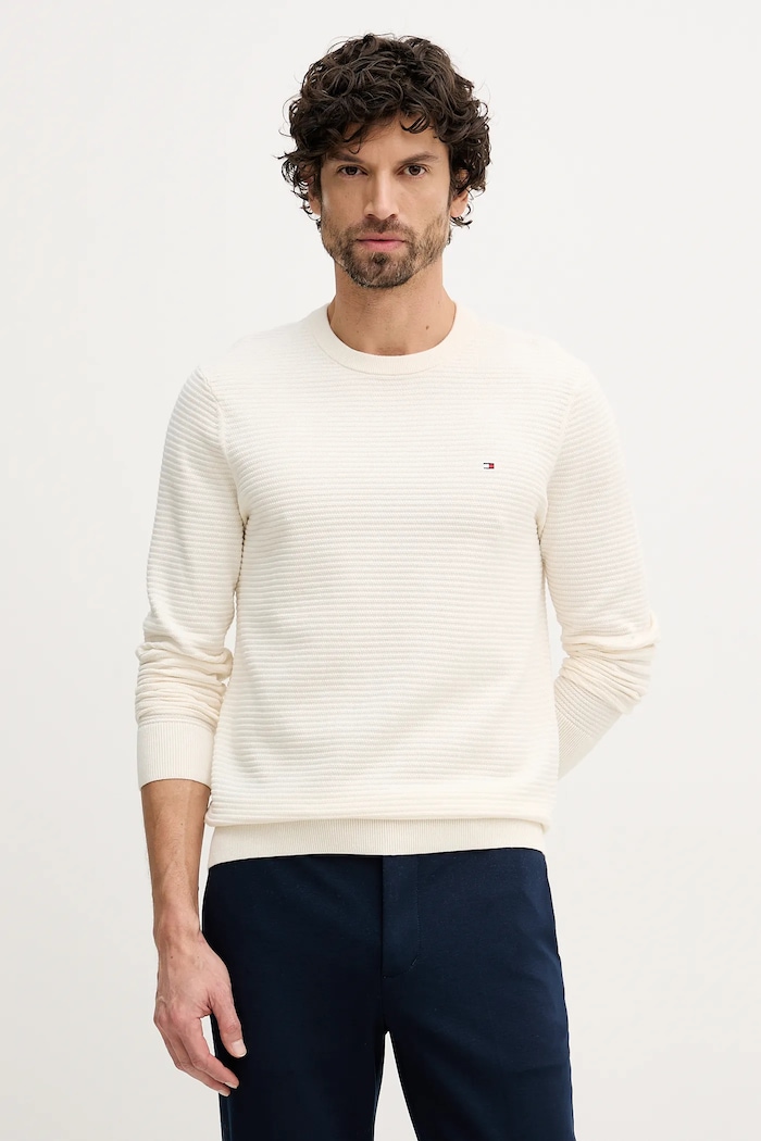 Bavlněný svetr Tommy Hilfiger kulatý béžová MW0MW41643