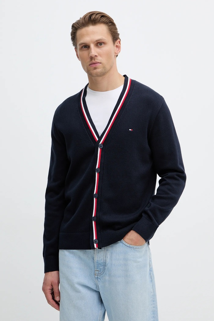 Bavlněný kardigan Tommy Hilfiger jemný vzor námořnická modř MW0MW41544