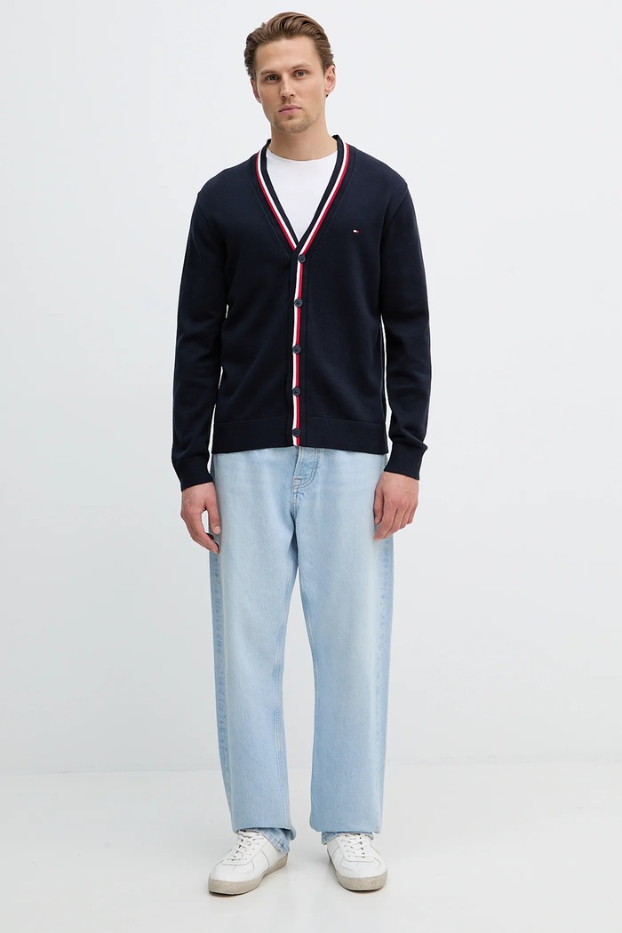 Bavlněný kardigan Tommy Hilfiger MW0MW41544 námořnická modř SS26