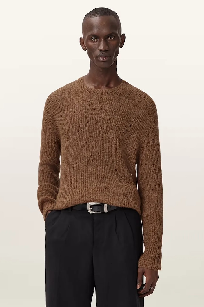 AllSaints sweter z dodatkiem wełny okrągły brązowy M028KD
