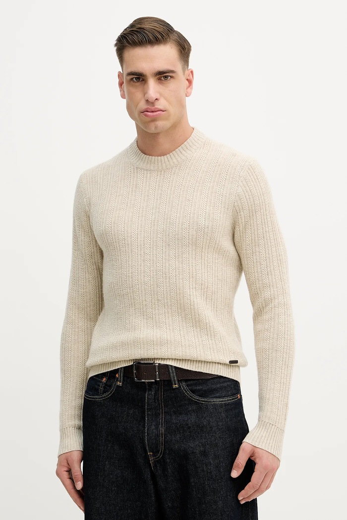 Vuneni pulover Hackett London bez uzorka bež HM7000125