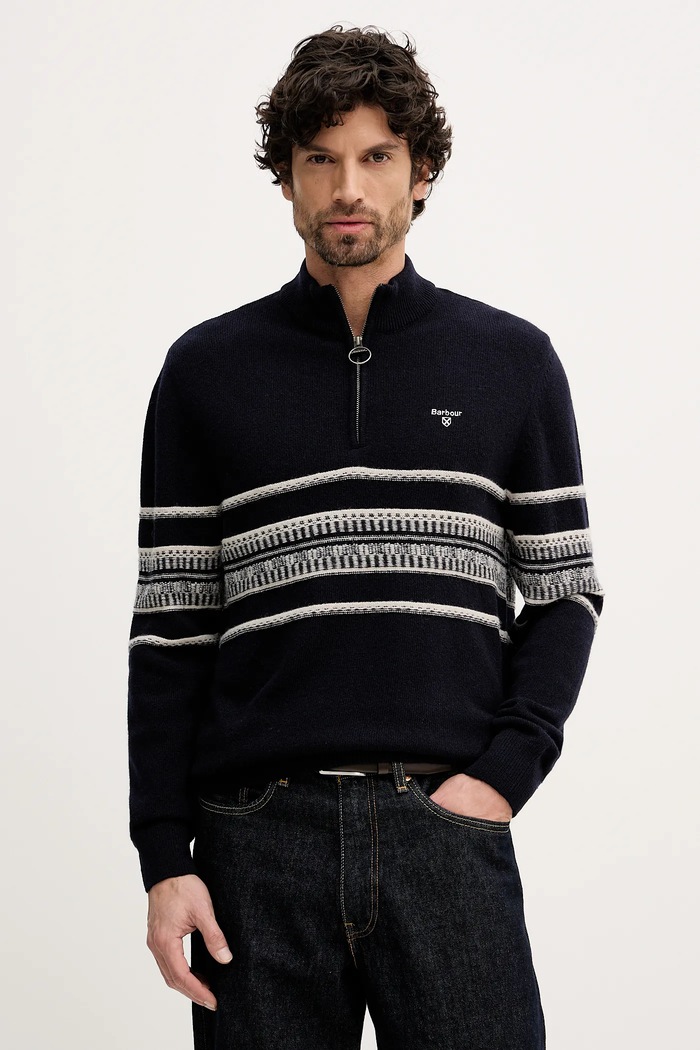 Vlněný svetr Barbour Kepwick jemný vzor námořnická modř MKN1708