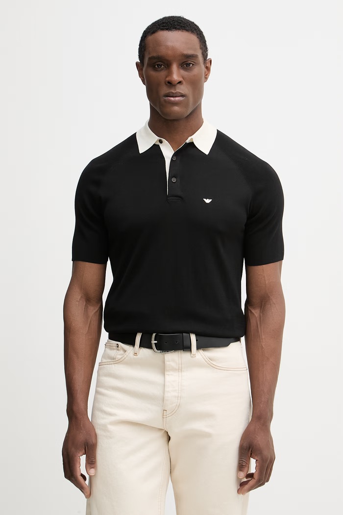 Polo tričko s prímesou hodvábu Emporio Armani jednofarebný čierna EM004622.AF25247