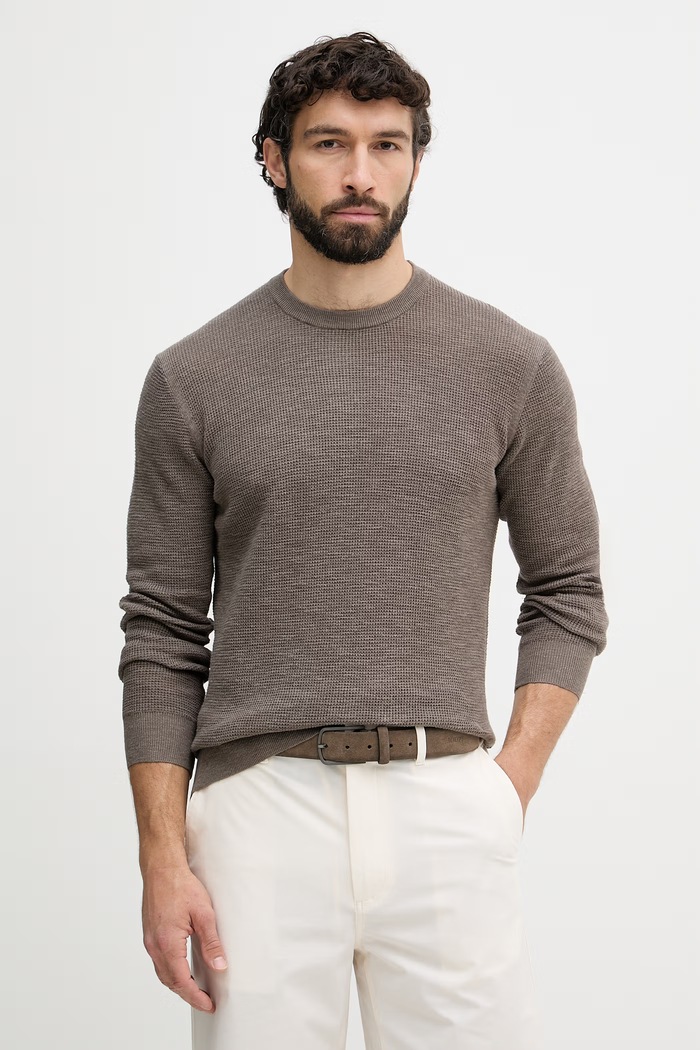 United Colors of Benetton sweter męski z dodatkiem lnu brązowy 1DC3U10BK