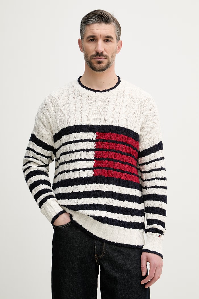 Tommy Hilfiger pulover bărbați din bumbac bej MW0MW42782