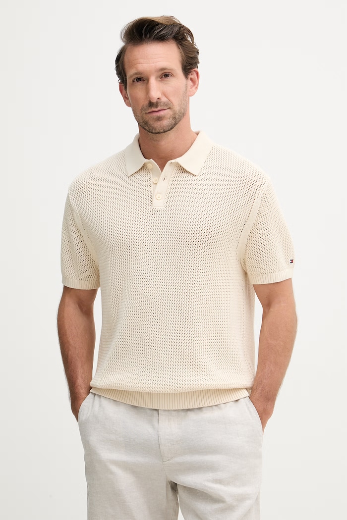 Tommy Hilfiger úpletové polo tričko pánske bavlnené SUMMER béžová MW0MW42784