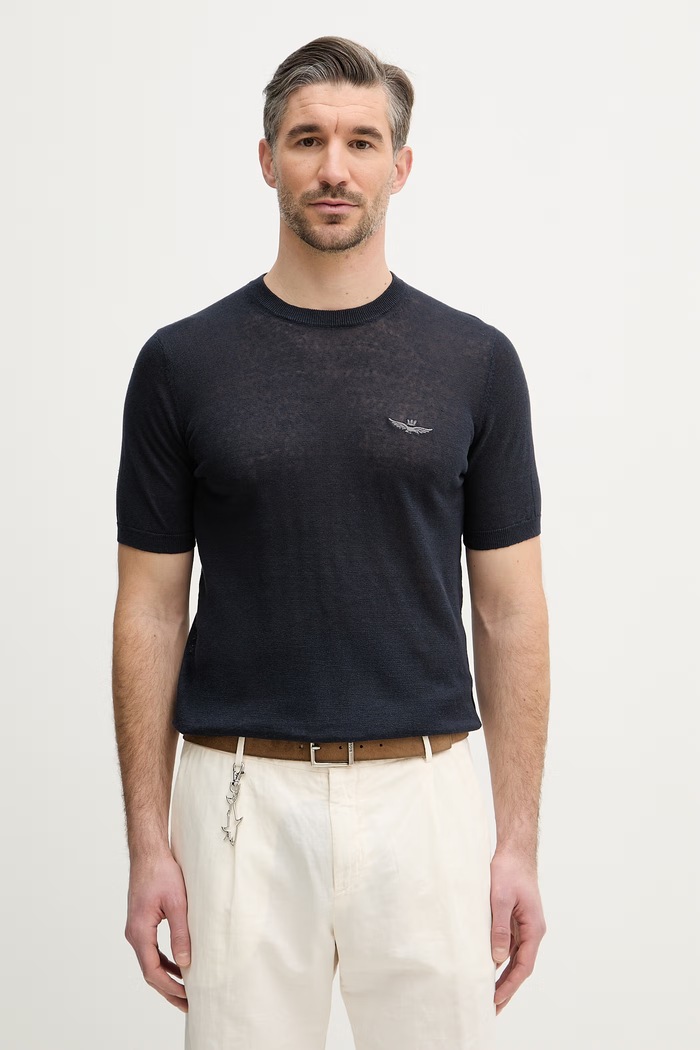 Aeronautica Militare t-shirt lniany regular granatowy MA1624UL00935