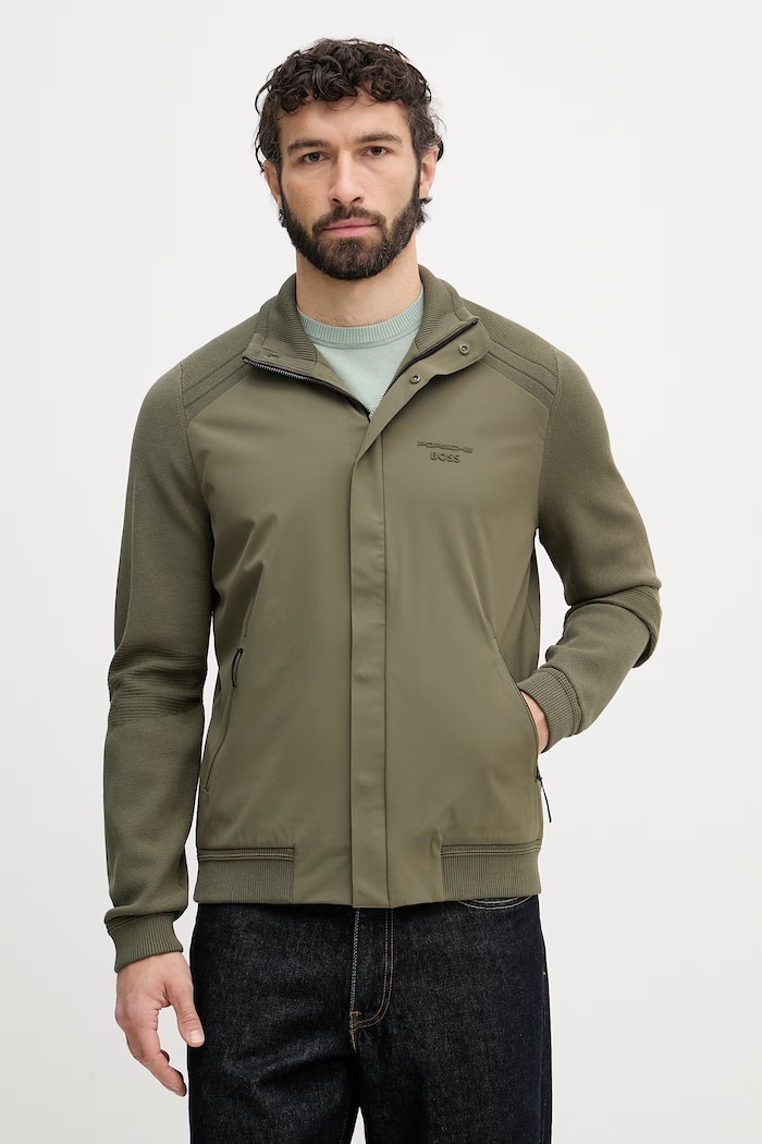 BOSS Green prechodná bunda pánska s prímesou hodvábu BOSS X PORSCHE zelená 50558355