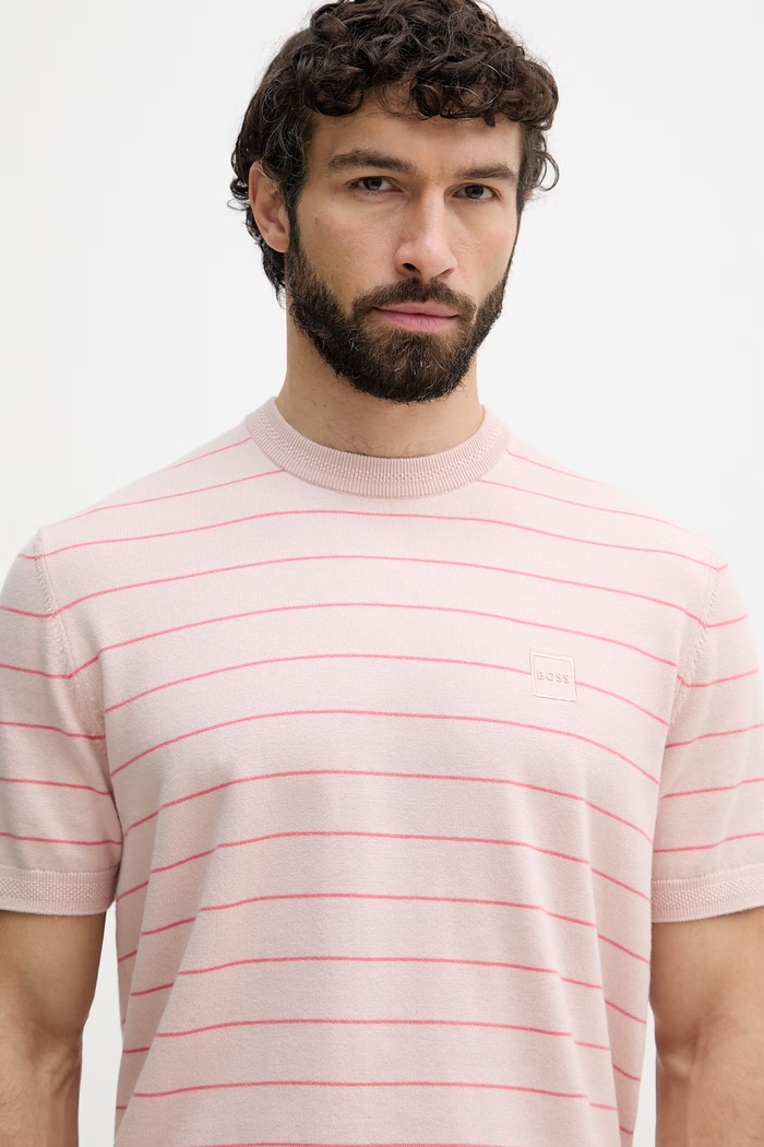 BOSS Orange T-shirt swetrowy męski z bawełną różowy 50561004