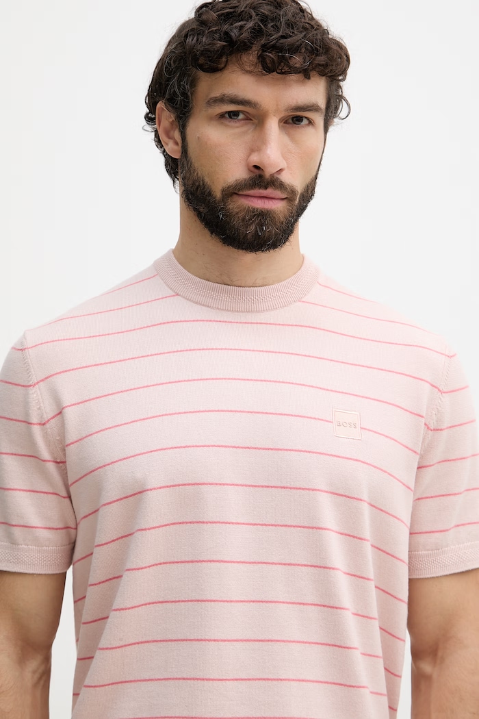 BOSS Orange T-shirt swetrowy męski z bawełną różowy 50561004