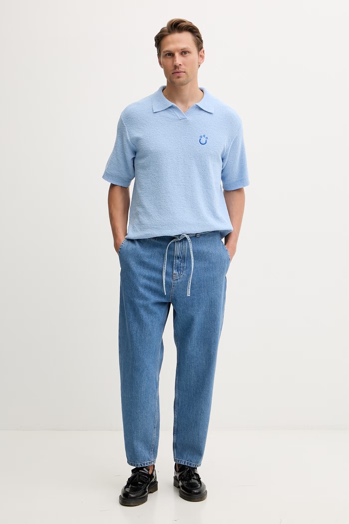 HUGO Blue pletena polo majica moški z bombažem Sorinou 50557340 modra SS26