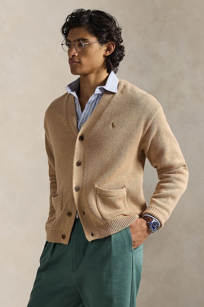 Βαμβακερή ζακέτα Polo Ralph Lauren COTTON-SWEATER-CARDIGAN απλό καφέ 710B13887003