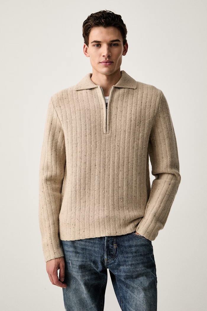 G-Star sweter męski z dodatkiem wełny Polo collar half zip beżowy D26740.D754
