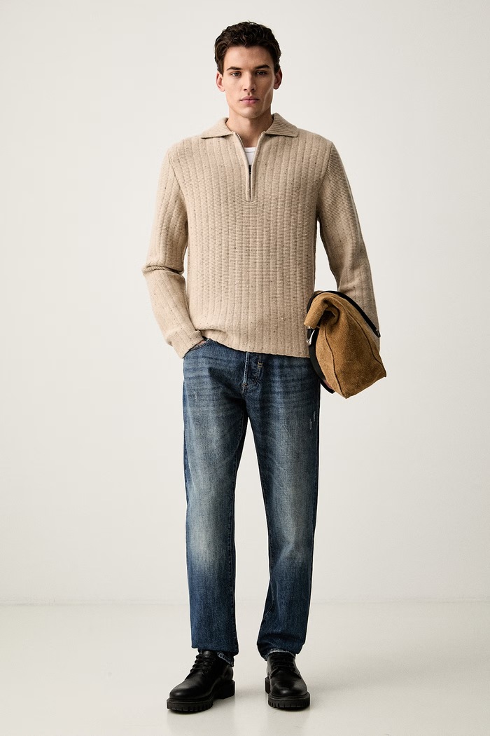 G-Star sweter męski z dodatkiem wełny Polo collar half zip D26740.D754 beżowy SS26