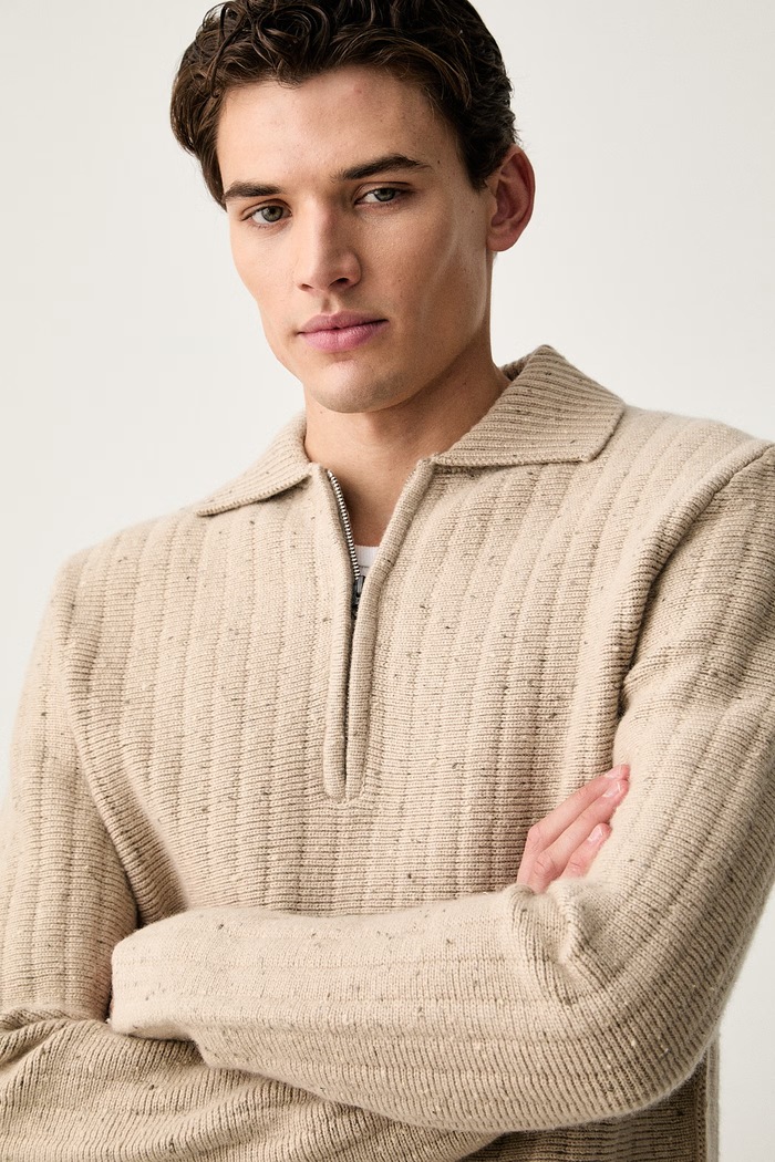 G-Star sweter męski z dodatkiem wełny Polo collar half zip beżowy D26740.D754