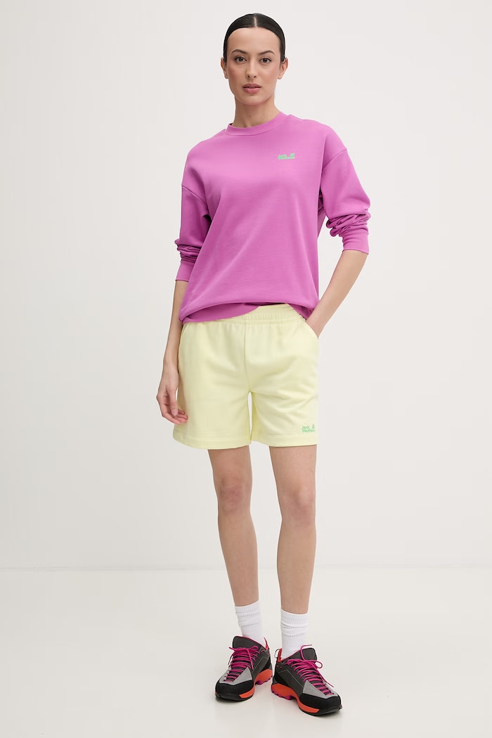 Jack Wolfskin pantaloni scurți de trening pentru femei, din bumbac Celebrate The Paw A65909 galben SS26