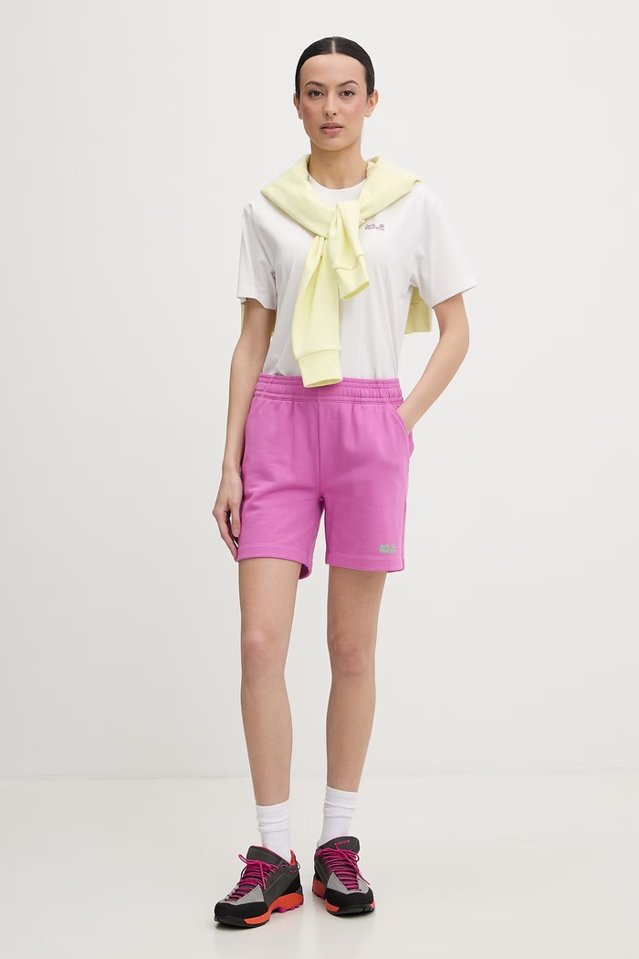 Jack Wolfskin pantaloni scurți de trening pentru femei, din bumbac Celebrate The Paw A65909 roz SS26