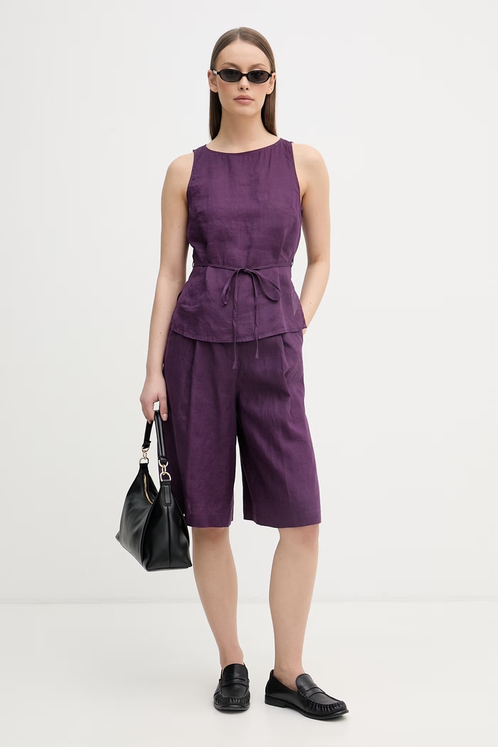 United Colors of Benetton къс панталон дамски от лен 4AGHD902L виолетов SS26