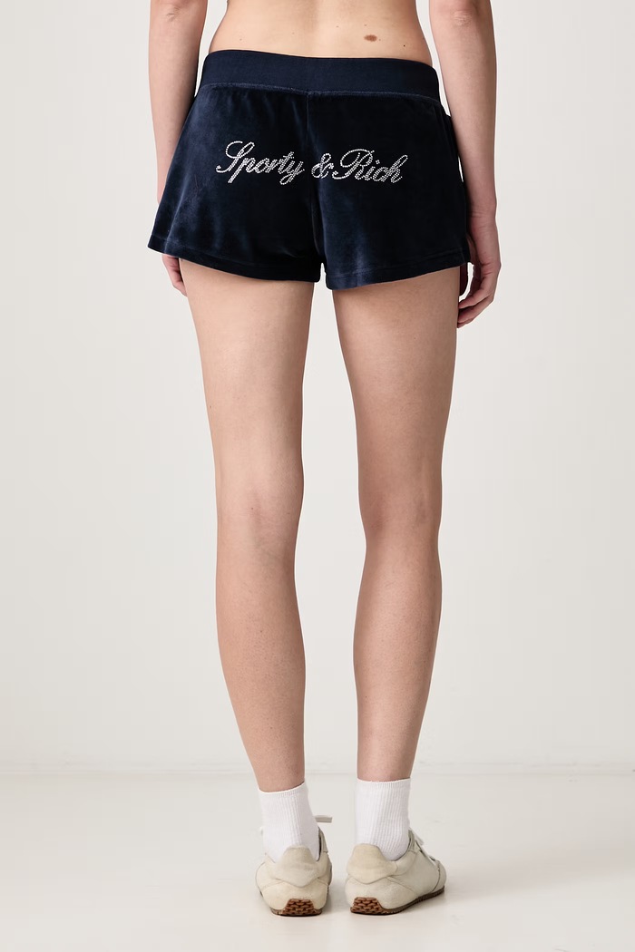 Oblečenie Sporty & Rich Signature Logo Krystal šortky zamatové dámske SH05773326BL106 tmavomodrá