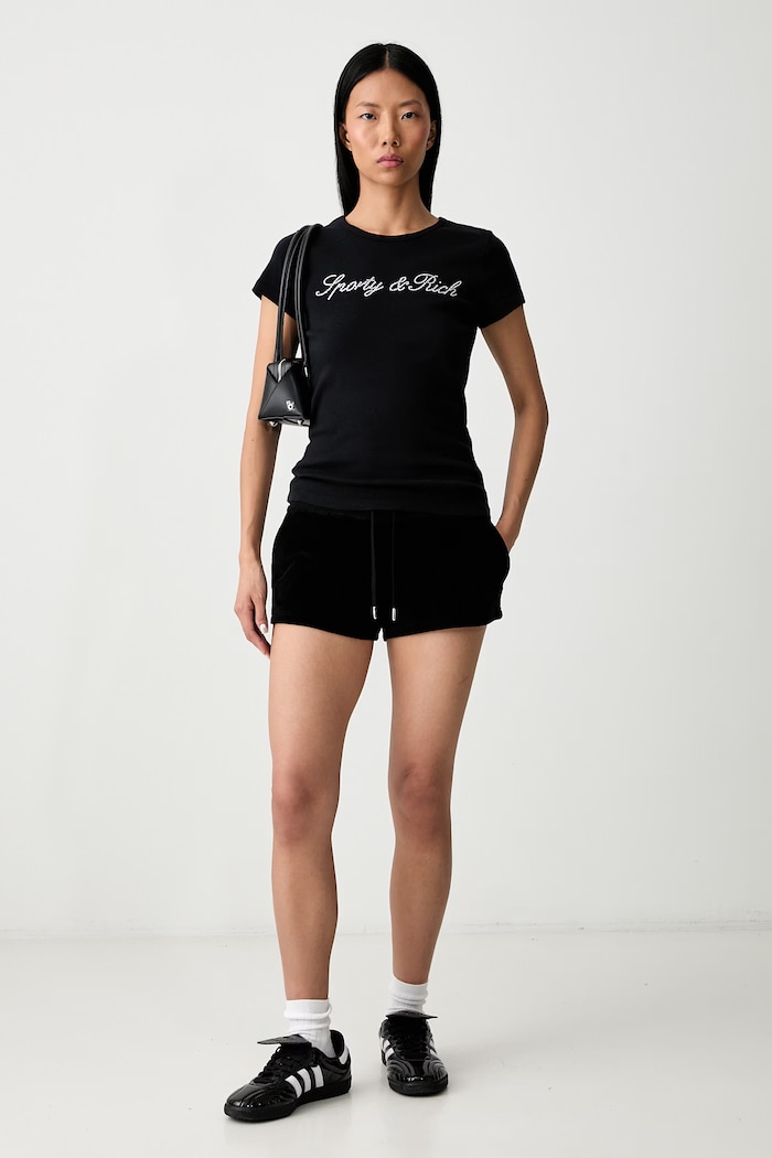 Sporty & Rich Signature Logo Krystal szorty dresowe bawełniane damskie SH05771326BA01 czarny SS26