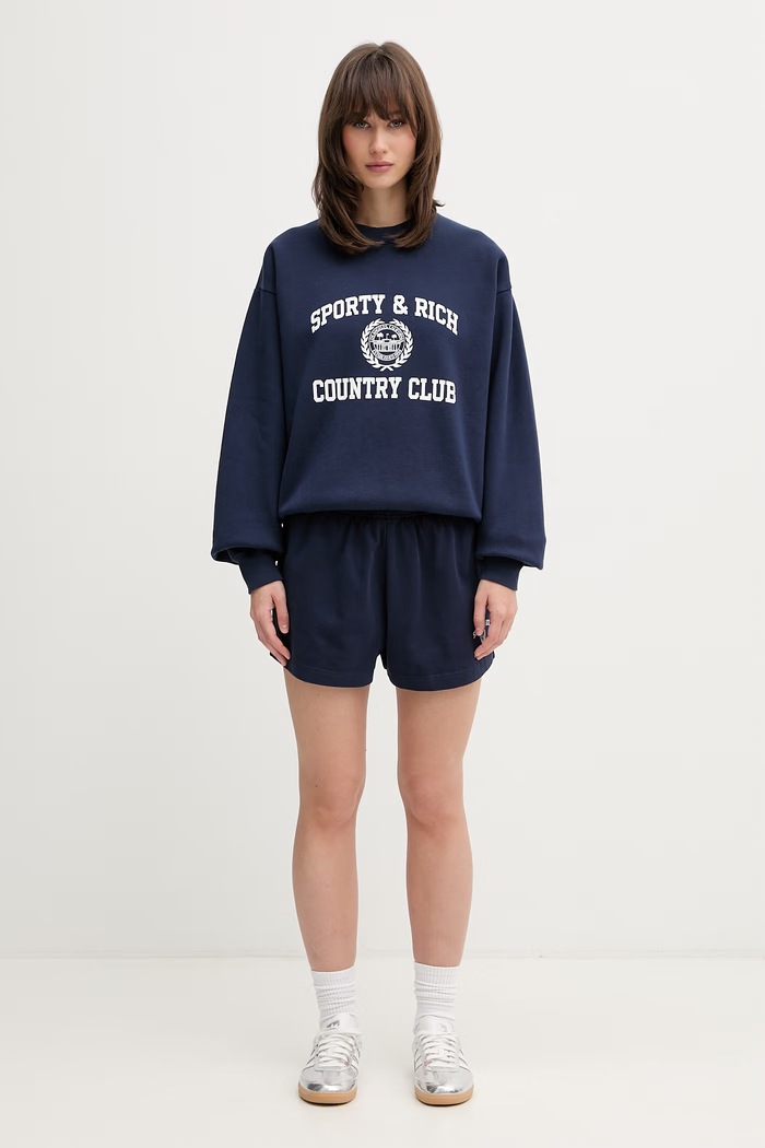 Sporty & Rich Varsity Crest Disco σορτς επίσημα βαμβακερά γυναικεία SH03776218BL106 σκούρο μπλε