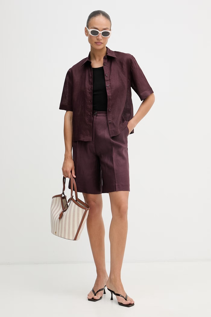 Sisley szorty damskie lniane 4TTSL901Y bordowy SS26
