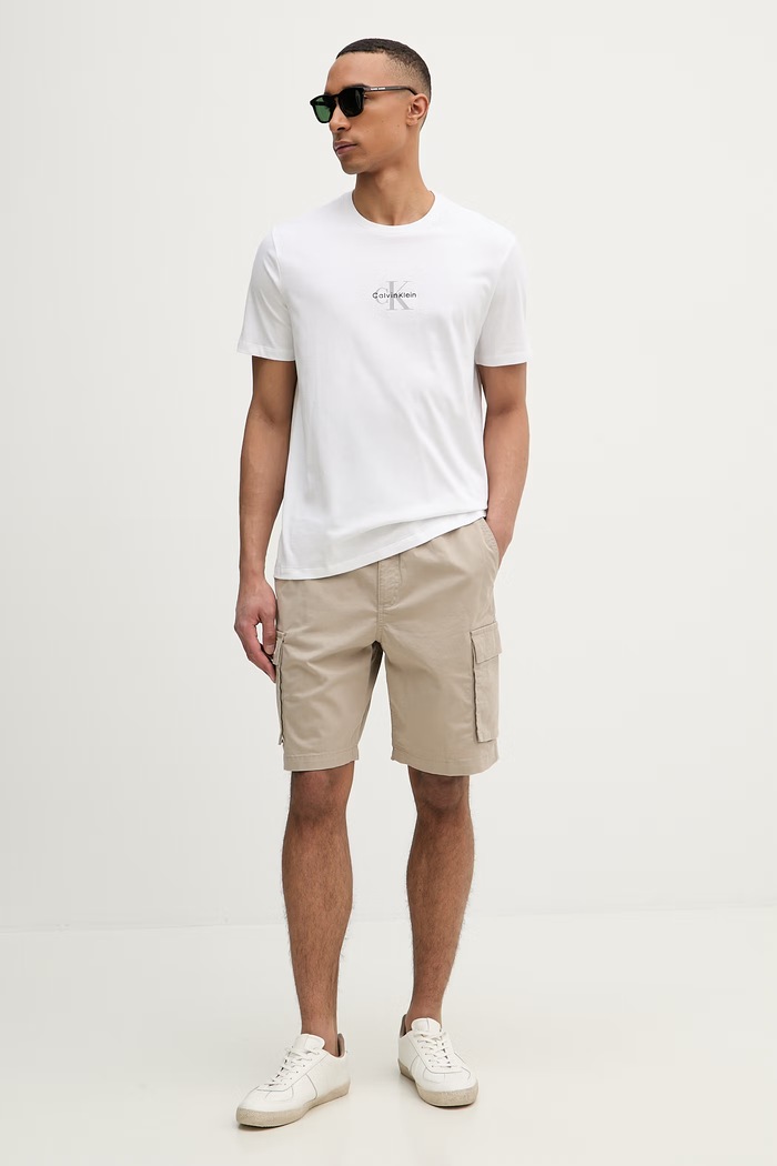 Calvin Klein Jeans pantaloni scuți cargo pentru bărbați, din bumbac cu elastan LV04RB618G bej SS26