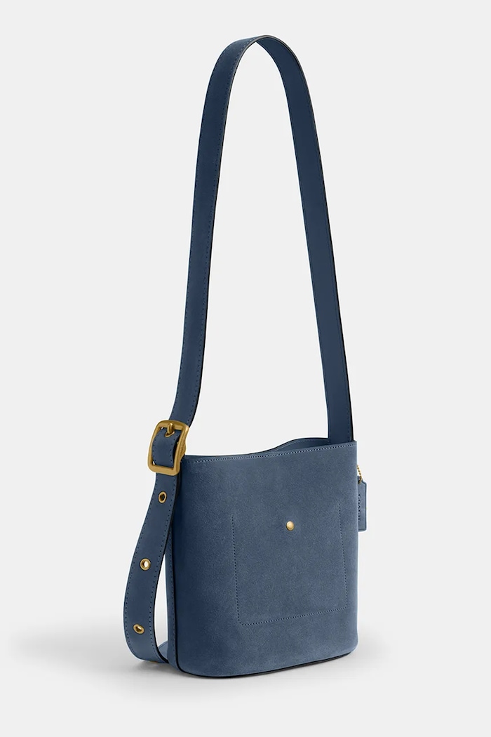 Велурена чанта Coach Suede Bleecker Bucket 21 син CCW84
