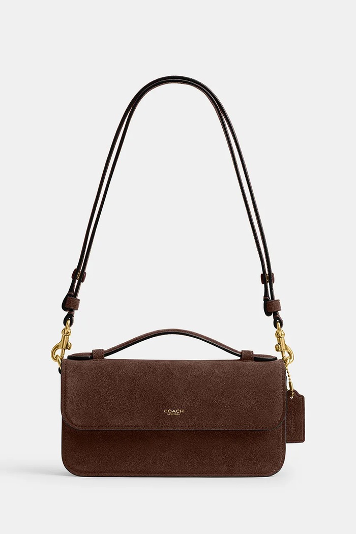 Coach Torebka bagietka damska zamszowa New York Elora brązowy CDD59