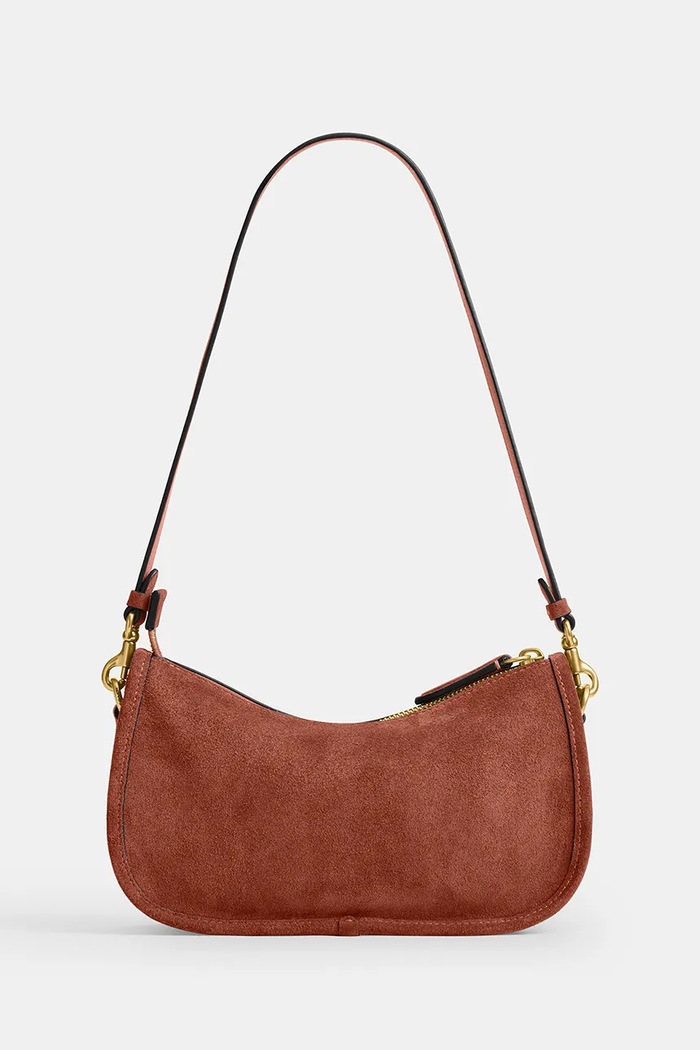 Αξεσουάρ Coach Μικρή γυναικεία τσάντα δέρμα Suede Waverly CDD78 καφέ