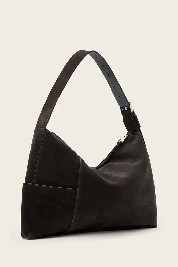AllSaints geantă de mână din piele întoarsă ALBA W167XE maro SS26