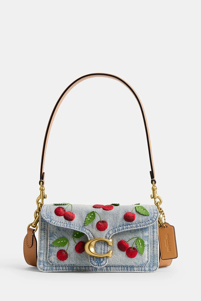 Coach geantă crossbody pentru femei, din piele Cherry Embroidered Denim Tabby 20 albastru CDZ33