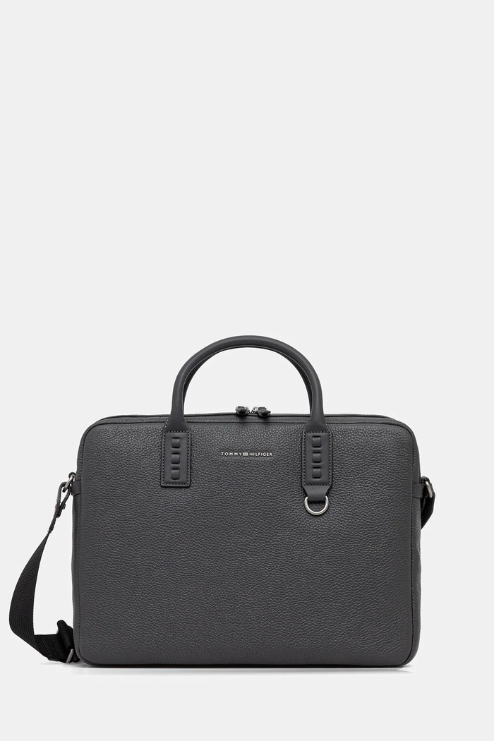 Kožená taška na notebook Tommy Hilfiger přírodní kůže šedá AM0AM14072