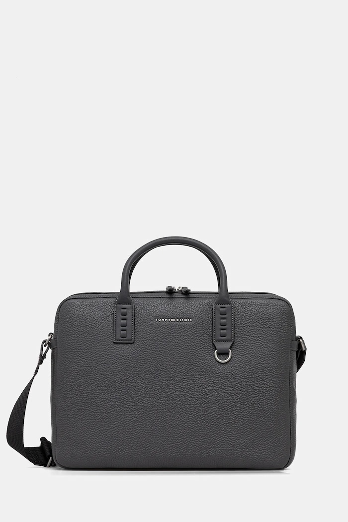 Kožená taška na notebook Tommy Hilfiger přírodní kůže šedá AM0AM14072
