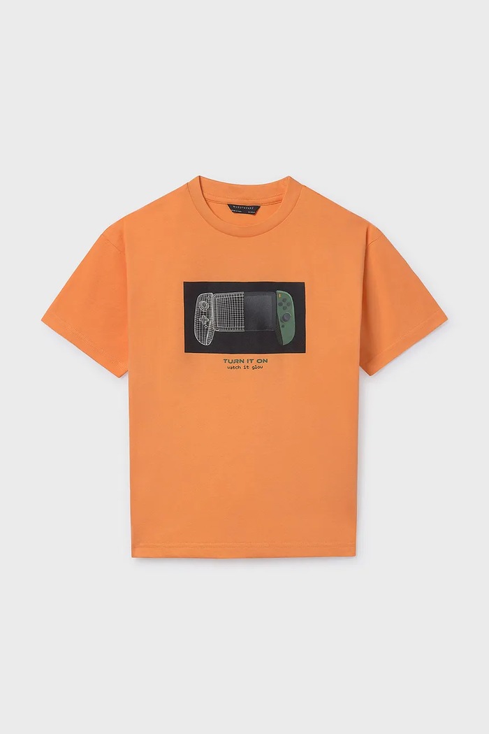Mayoral t-shirt bawełniany dziecięcy nadruk pomarańczowy 6035.7F.Junior.PPY2