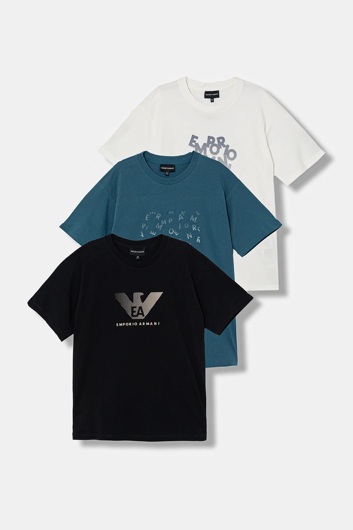 Emporio Armani t-shirt bawełniany dziecięcy 3-pack nadruk turkusowy EB001319.AF14503