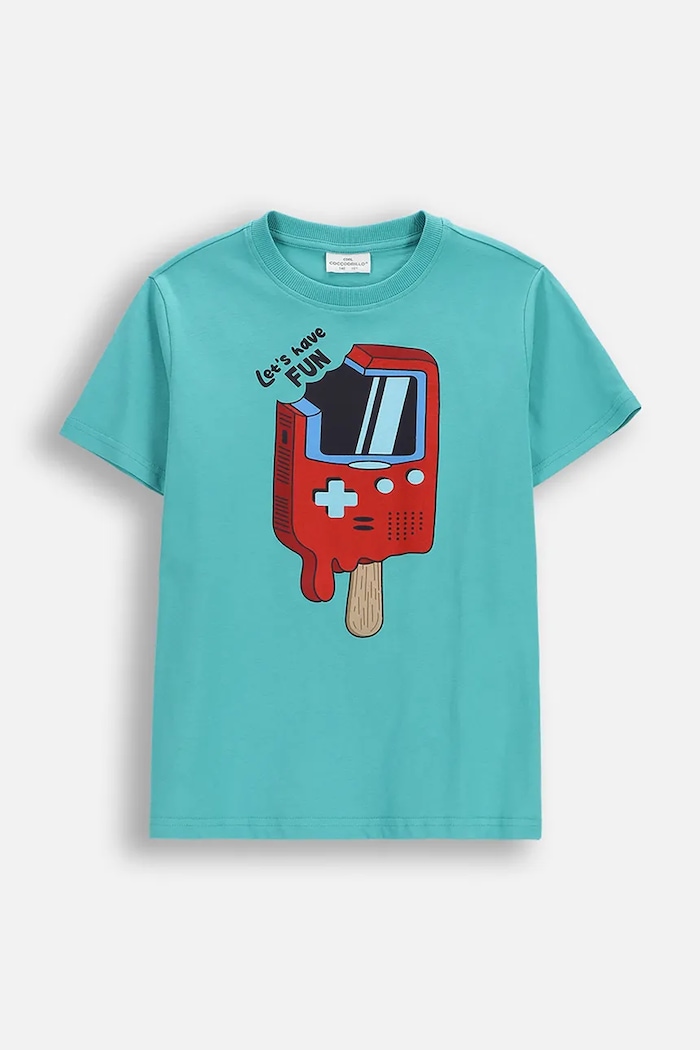 Coccodrillo t-shirt bawełniany dziecięcy nadruk turkusowy WC6143223VBA