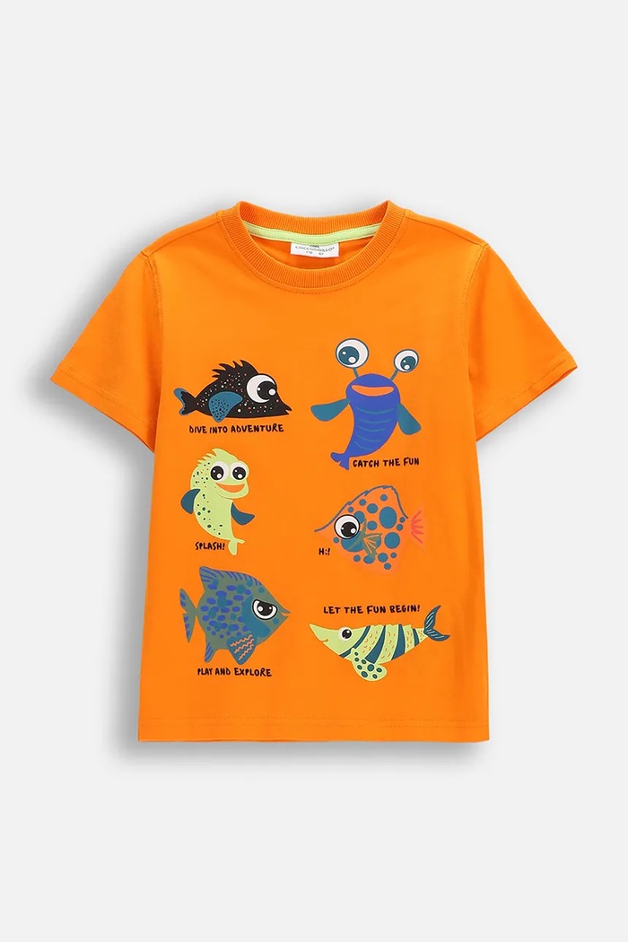 Coccodrillo t-shirt bawełniany dziecięcy nadruk pomarańczowy WC6143202FBK